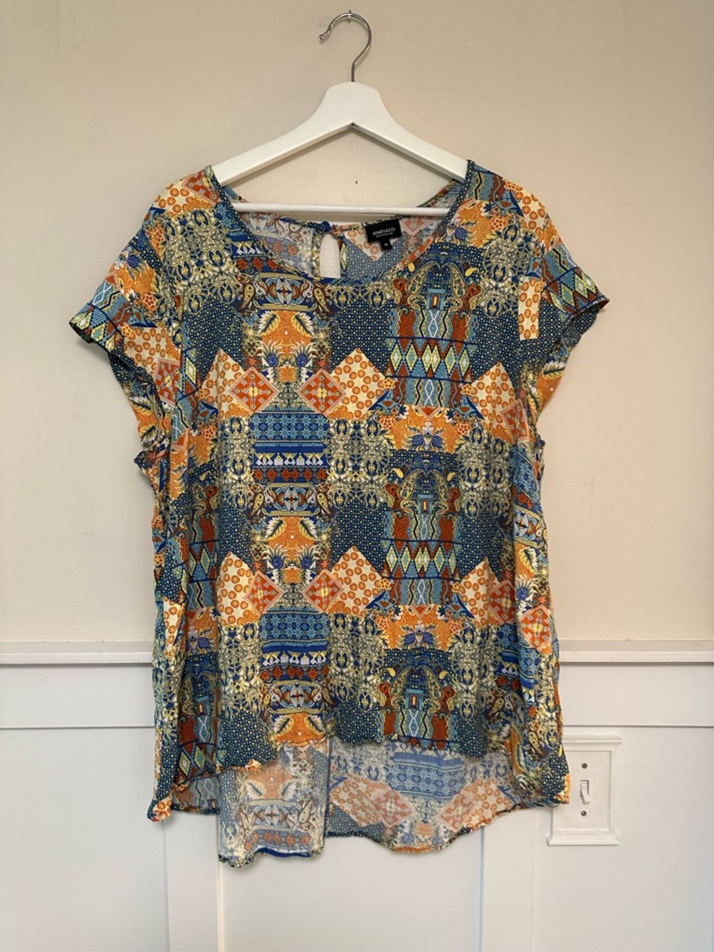 Jones & Co New York Blue & Orange Printed Short Sleeve Blouse 1X
